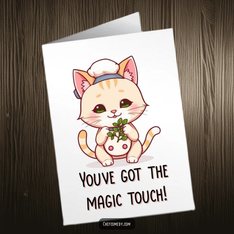 Funny free printable congratulations card: Kawaii cat chef happily sniffing a herb, celebrating success with a curious and joyful expression.