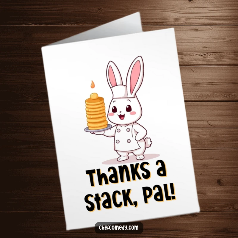 Funny Free Printable Bunny Chef Thank You Card, featuring a kawaii bunny offering a precarious but delightful stack of pancakes.