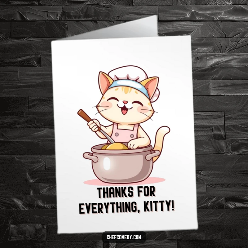 Funny Free Printable Thank You Card: Kawaii cat chef in apron happily stirring a large pot, showing thanks.