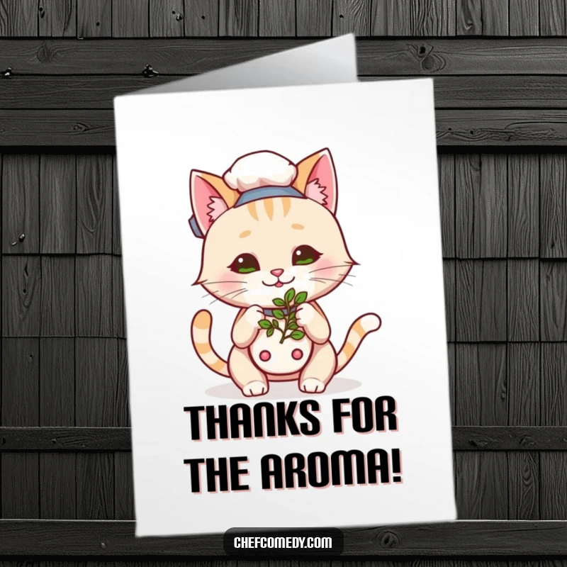 Funny free printable thank you card: Kawaii cat chef curiously sniffing a herb, conveying heartfelt thanks with a charming, happy face.