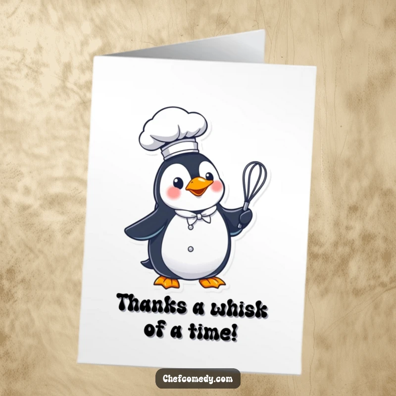 Funny Free Printable Thank You Card: A penguin chef in a chef's hat holding a whisk, offering thanks.
