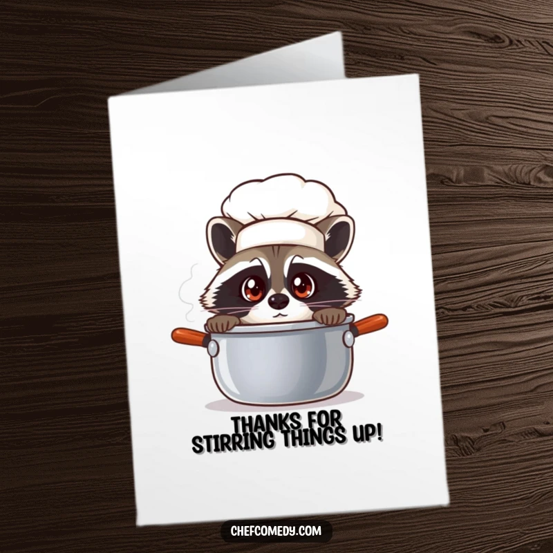 Funny Free Printable Raccoon Chef Card: A curious raccoon chef peeks into a pot, offering thanks with wide-eyed wonder.