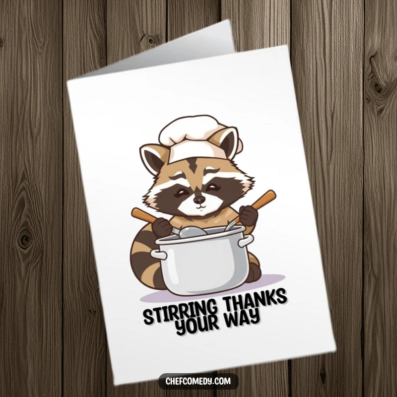 Funny free printable thank you card depicting a focused raccoon chef stirring a pot with a wooden spoon, a symbol of effort.