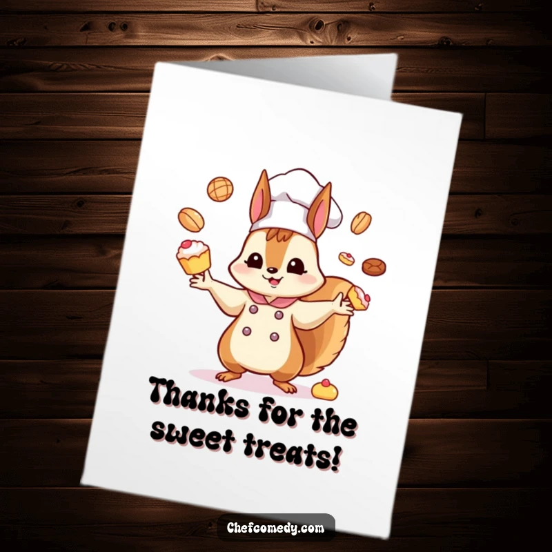 Funny free printable thank you card: Adorable kawaii squirrel chef juggling pastries, a sweet and humorous way to say thanks.
