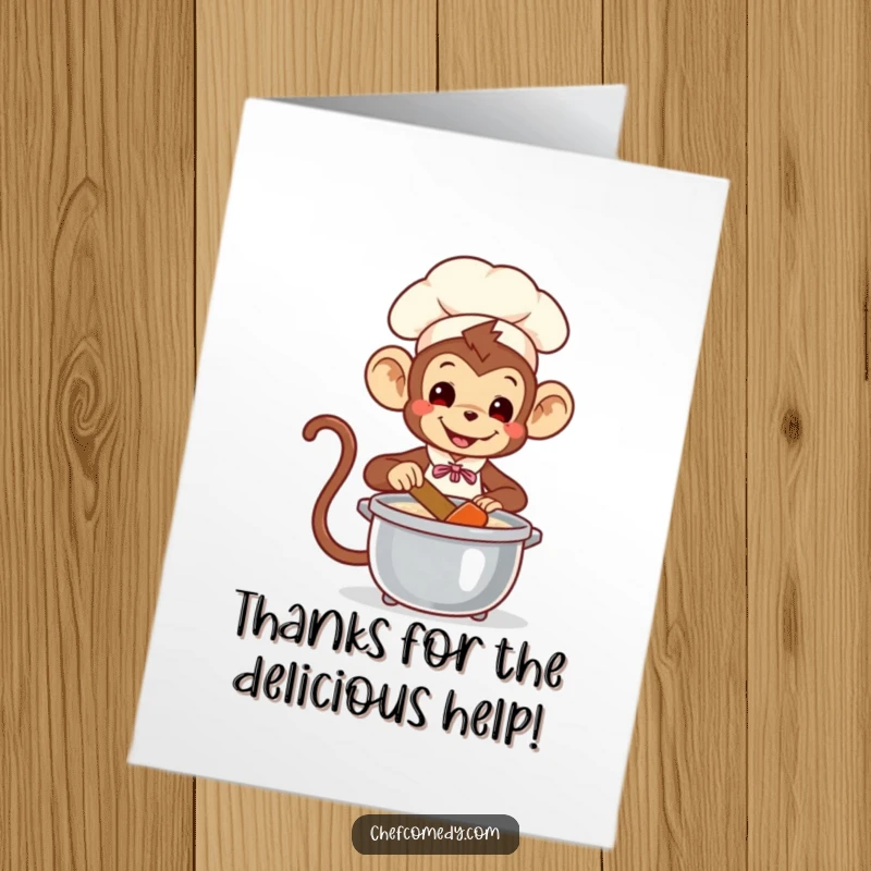 Funny Free Printable Thank You Card: A playful monkey chef stirs a pot, sending a cheerful thank you with a cheeky grin.