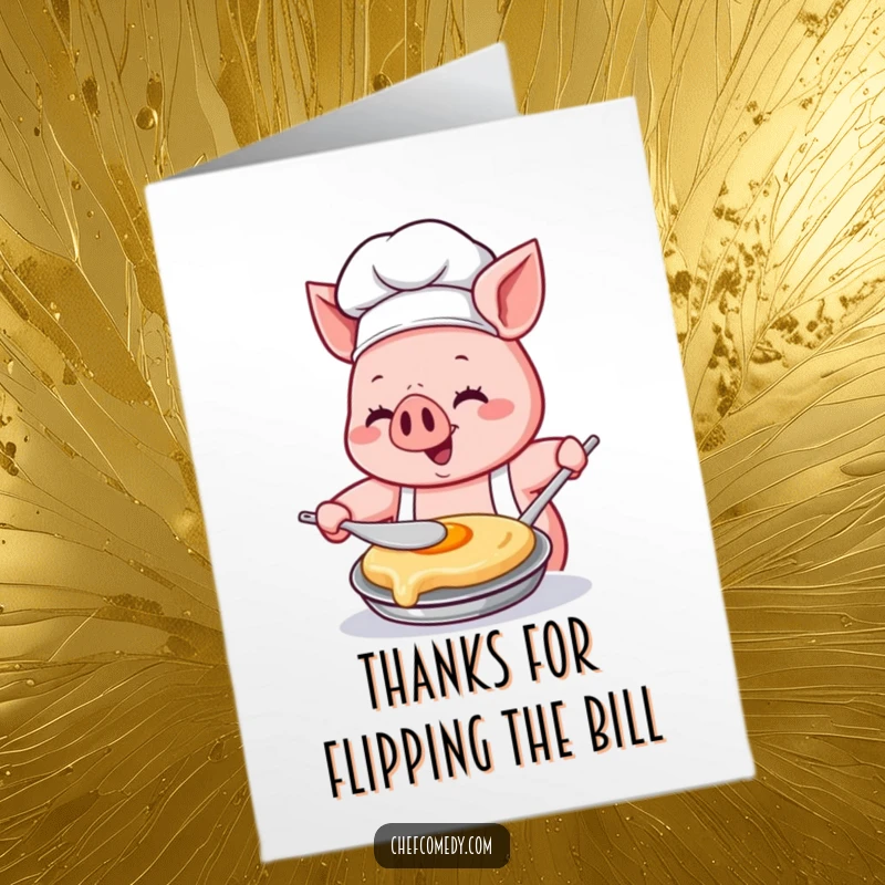 Funny Free Printable Thank You Card: Happy Kawaii pig chef skillfully flipping a pancake with a look of pure concentration and joy.