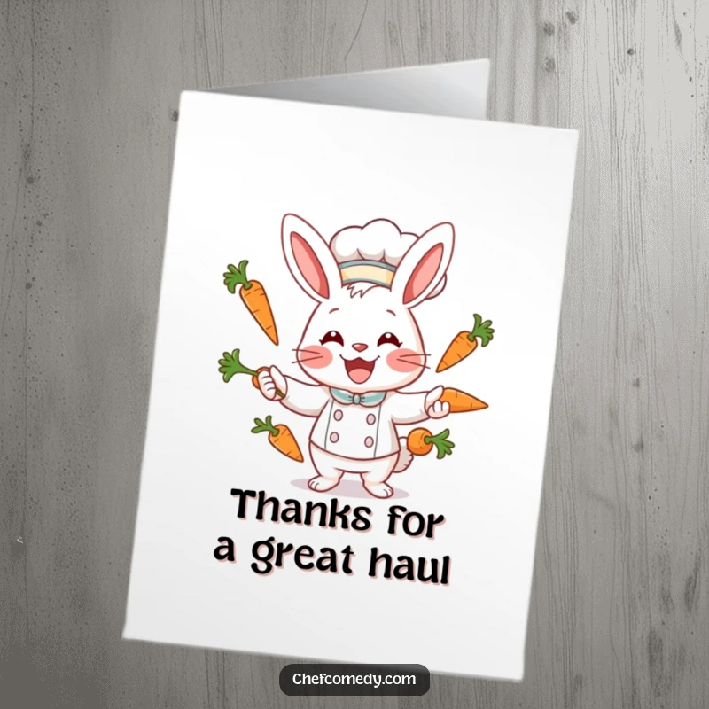 Funny Free Printable Thank You Card: Happy rabbit chef juggling carrots with a big smile, expressing gratitude in a fun way.