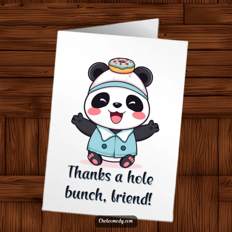 Funny Free Printable Panda Chef Card: A joyful panda chef balances donuts, offering a sweet thank you.