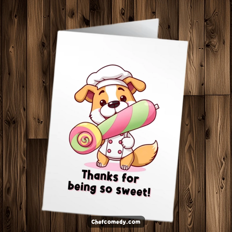 Funny free printable thank you card featuring a happy dog chef proudly holding a giant lollipop, conveying sweet thanks.