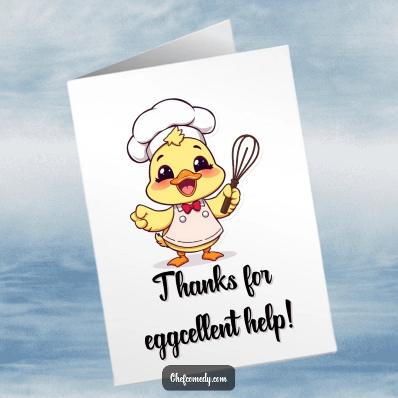 Funny Free Printable Duck Chef Card: An excited duck chef with a whisk offers a happy thank you.
