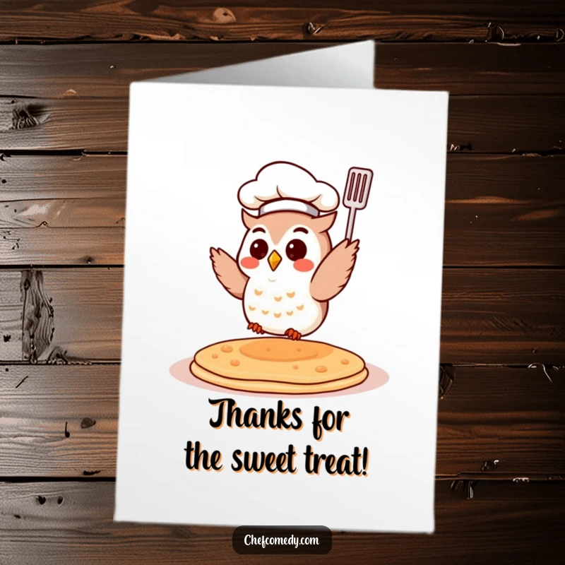Funny Free Printable Thank You Card: Small owl chef in hat happily flipping a pancake, showing thanks.