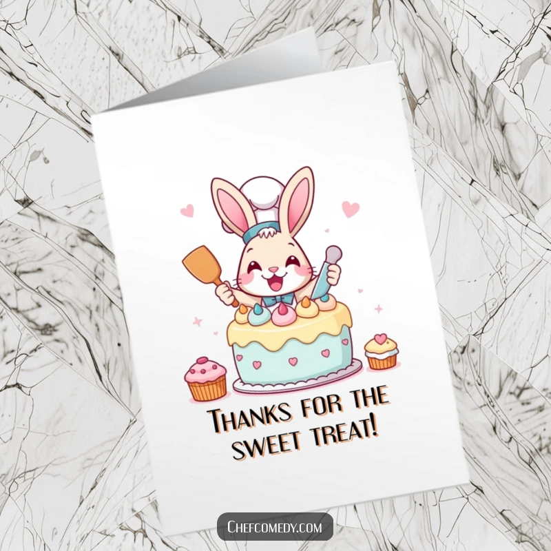 Funny free printable thank you card featuring an excited rabbit chef frosting a whimsical cake, offering sweet thanks.
