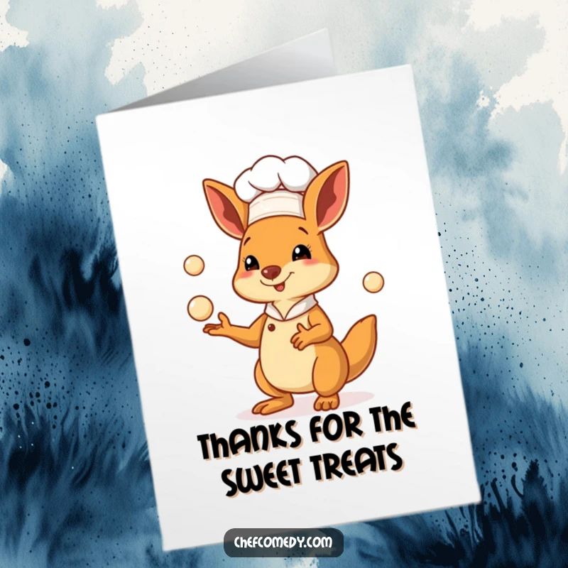 Funny Free Printable Thank You Card of a kangaroo chef juggling tiny pastry dough balls, perfect for expressing thanks deliciously.