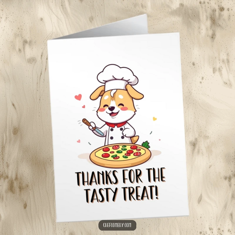 Funny free printable thank you card: Kawaii dog chef proudly presenting a pizza, conveying gratitude with a happy, speedy vibe.