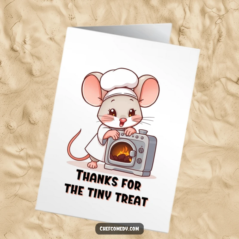 Funny Free Printable Thank You Card: Small mouse chef intensely fanning a tiny oven, showing dedication and effort in thanks.