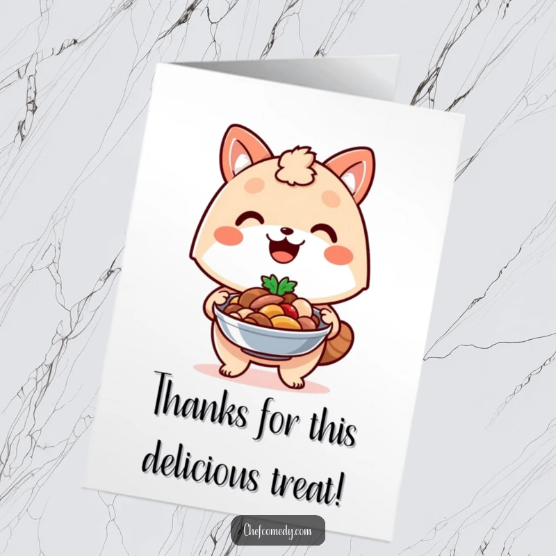 Funny Free Printable Thank You Card: Kawaii animal proudly presents a delicious dish, smiling gratefully.