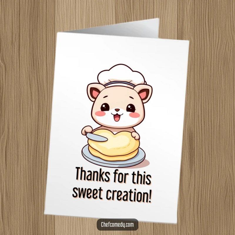 Funny Free Printable Thank You Card: Kawaii animal chef in a hat, happily flipping a heart-shaped pancake as thanks.