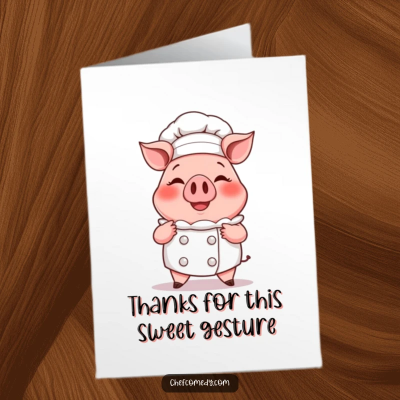 Funny Free Printable pig chef thank you card, smiling and presenting a steaming, oversized cupcake with thanks.