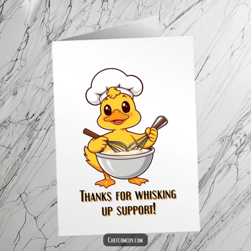 Funny Free Printable Thank You Card: A duck chef diligently whisks batter, representing the careful effort put into expressing thanks.