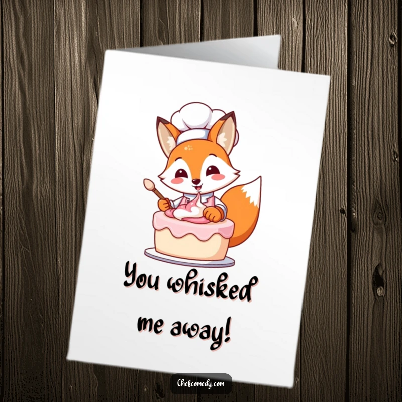 Funny free printable thank you card showing a happy fox chef adding the finishing touches to a frosted cake.
