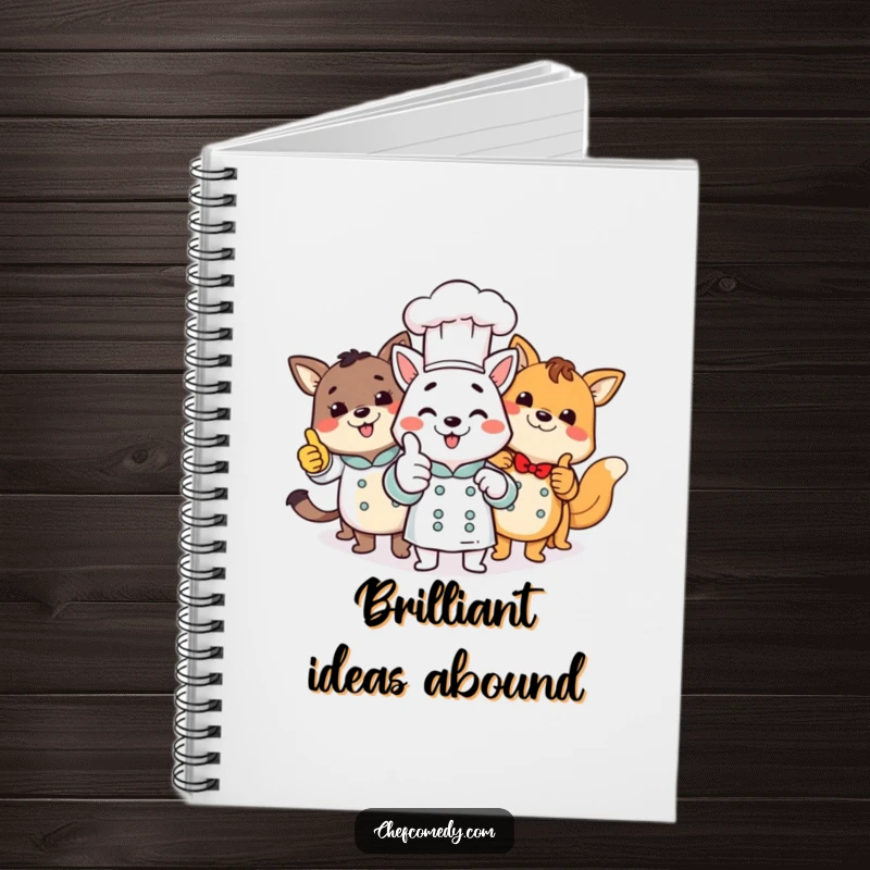 Funny animal chefs group giving a thumbs up, on the cover of a notebook for recipes, ideas, and kitchen notes.