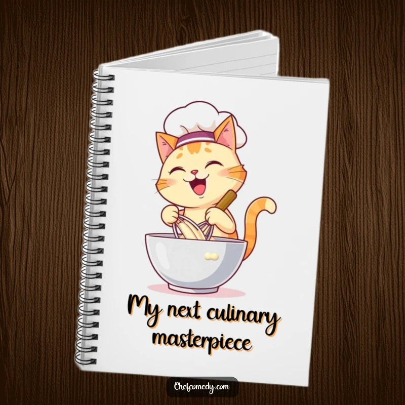 Funny notebook with a happy cat chef energetically whisking batter in a large bowl, encouraging creative recipe writing.