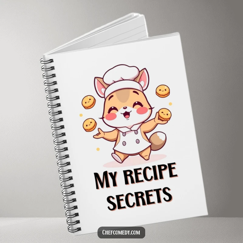 Funny notebook: A chef animal character juggles small pastries, ideal for jotting down baking ideas and recipes.