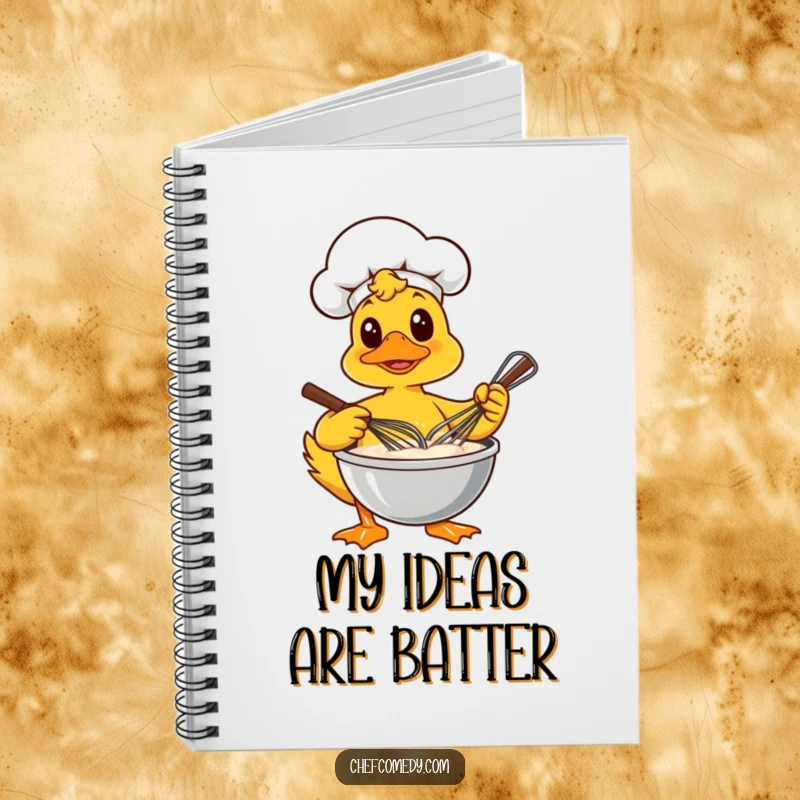 Funny notebook cover depicting a focused duck chef energetically whisking a bowl of batter, perfect for recipe writing.