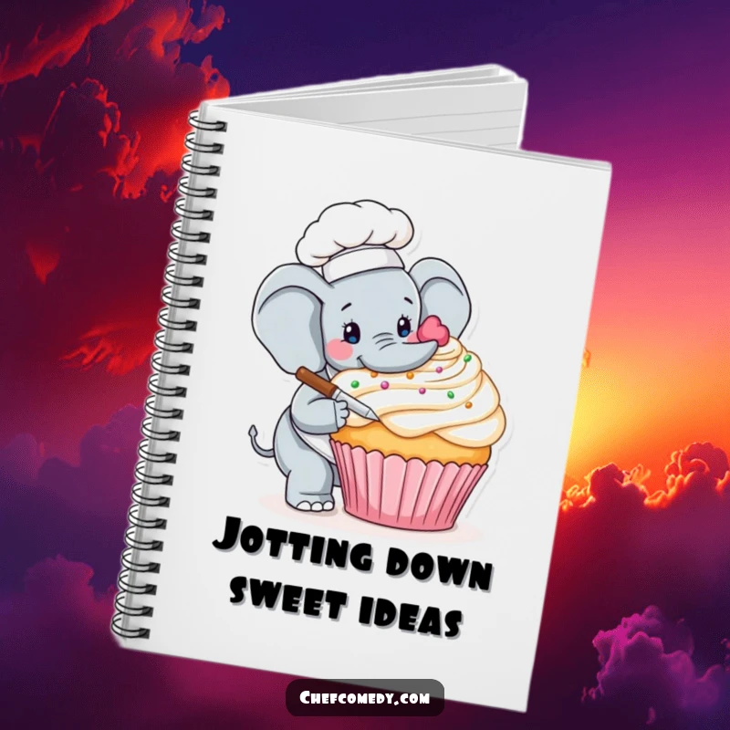 Funny notebook cover depicting a meticulous elephant chef carefully decorating a giant cupcake, perfect for recipe writing.