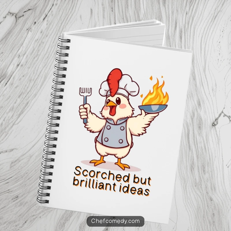 Funny notebook cover depicting a daring chicken chef flamboyantly tossing a flaming frying pan, perfect for jotting ideas.
