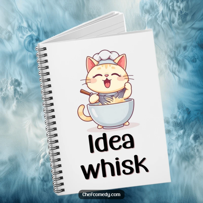Funny kawaii cat chef notebook cover showing a cat whisking batter, ready for your recipes and culinary notes.