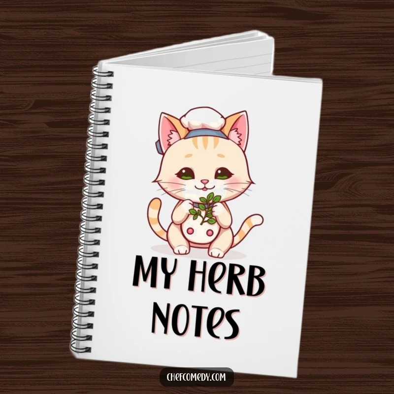 Funny Kawaii Cat Chef Notebook, a cute cartoon cat inquisitively sniffing herbs, perfect for notes and culinary ideas.