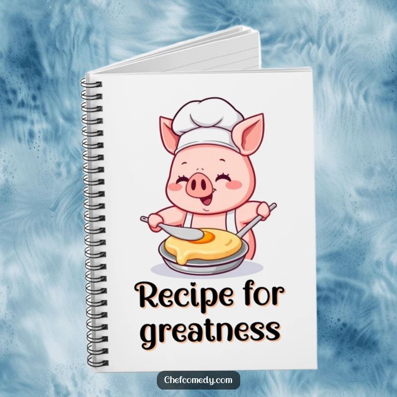 Funny Kawaii pig chef notebook, depicting a pig chef concentrating intently while flipping a pancake with great glee, ideal for recipe writing.