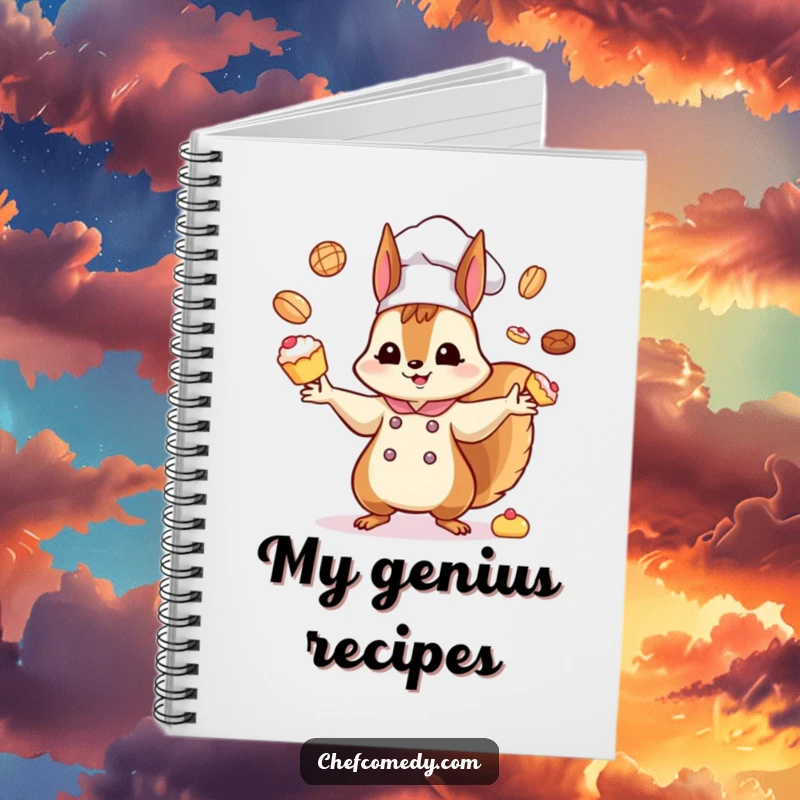 Funny Kawaii Squirrel Chef Notebook: A kawaii squirrel chef hilariously juggles multiple tiny pastries, perfect for note-taking with a side of humor.