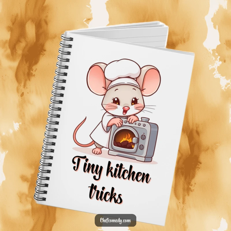 Funny mouse chef character fanning a tiny oven with great effort on a notebook cover, perfect for recipe writing.