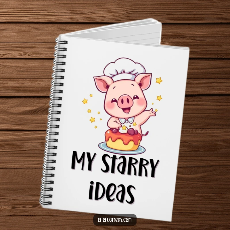 Funny Pig Chef Notebook: Features a pig chef excitedly sprinkling stars onto a dessert, inspiring culinary creativity and sweetness.