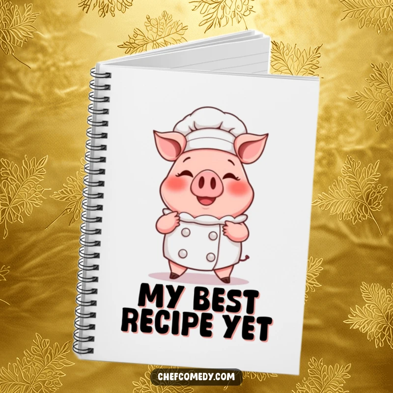 Funny notebook with a smiling cartoon pig chef proudly presenting a steaming cupcake, encouraging creative recipe writing.