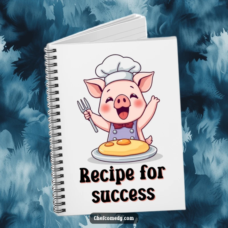 Funny notebook featuring a cute pig chef joyfully flipping a pancake, ready for notes and recipes.