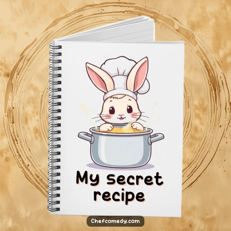Curious rabbit chef peeking into a bubbling pot on a notebook cover, perfect for jotting down recipes and creative ideas.