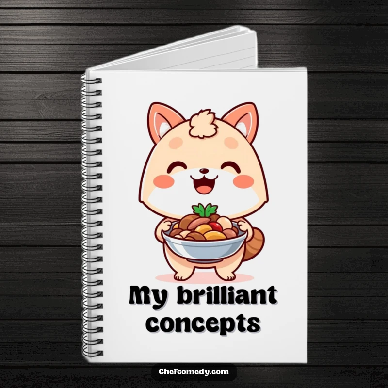Funny kawaii animal notebook, with a proud smile, presenting a delicious dish it has prepared.