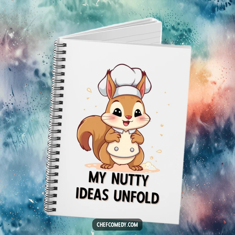 Funny squirrel chef character sprinkling flour, perfect for jotting notes in this humorous baking-themed notebook.