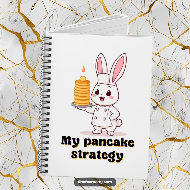 Funny Kawaii Bunny Chef Notebook with a cute bunny chef presenting a tall, wobbly pancake stack, perfect for notes.