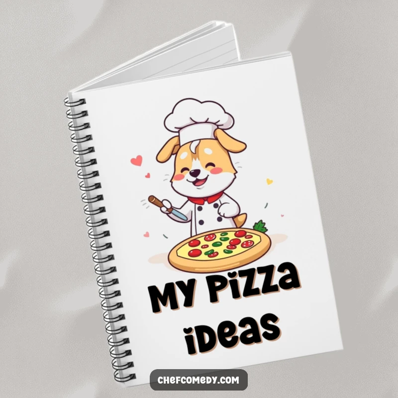 Funny Kawaii Dog Chef Notebook, a busy cartoon dog chef fast at work decorating a pizza, perfect for notes and ideas.