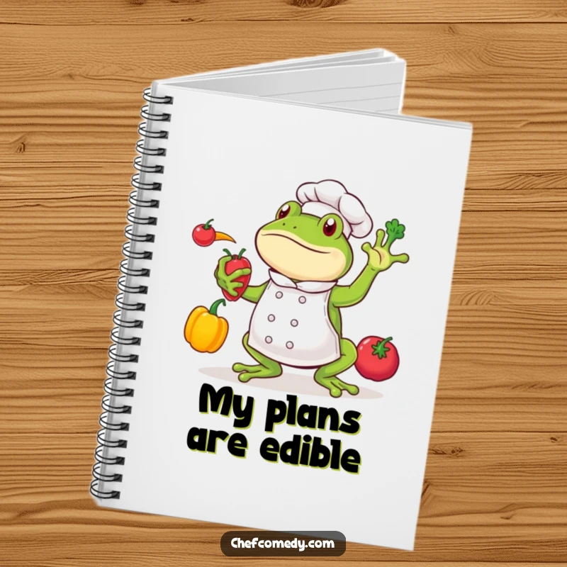 Funny frog chef character juggling vegetables, on the cover of a notebook for recipes and culinary notes.