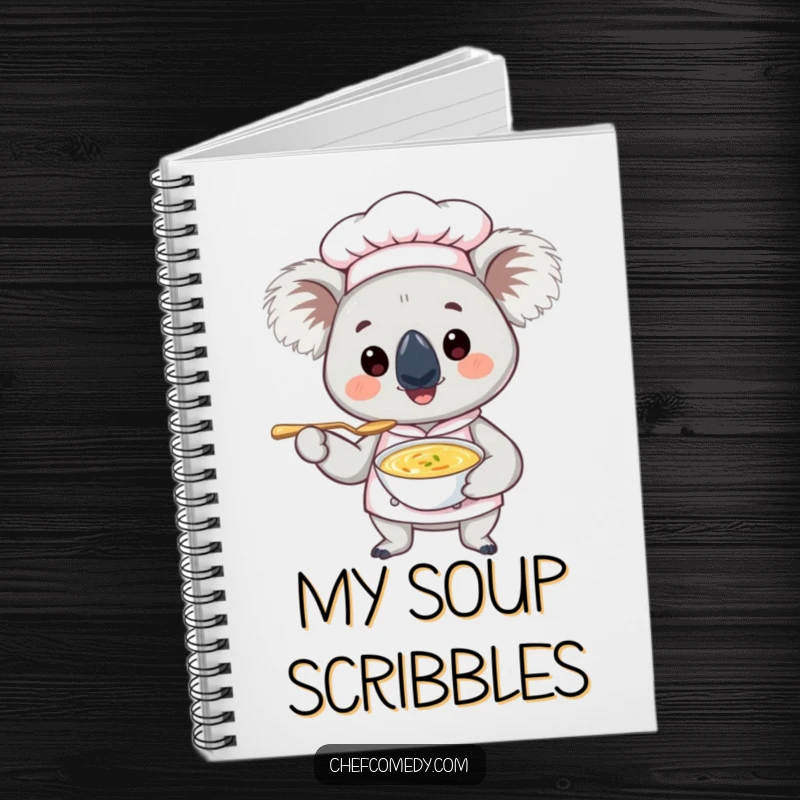 Funny Koala Chef Notebook: A delightful koala chef with a tiny soup spoon on the cover, inspiring culinary creativity and humor.