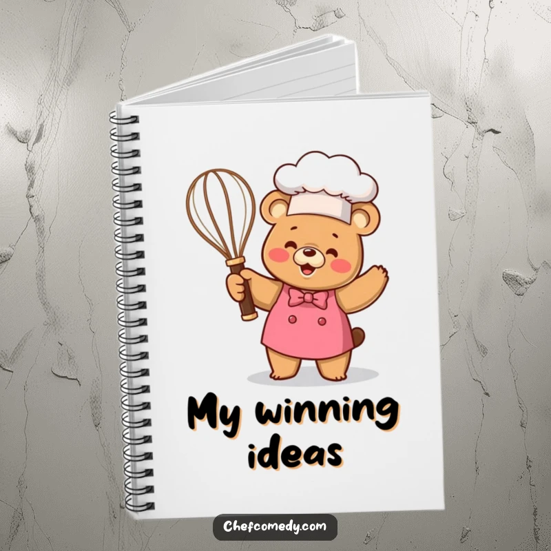 Funny Kawaii Bear Chef Notebook, a happy cartoon bear holding a whisk trophy, perfect for notes and culinary achievements.
