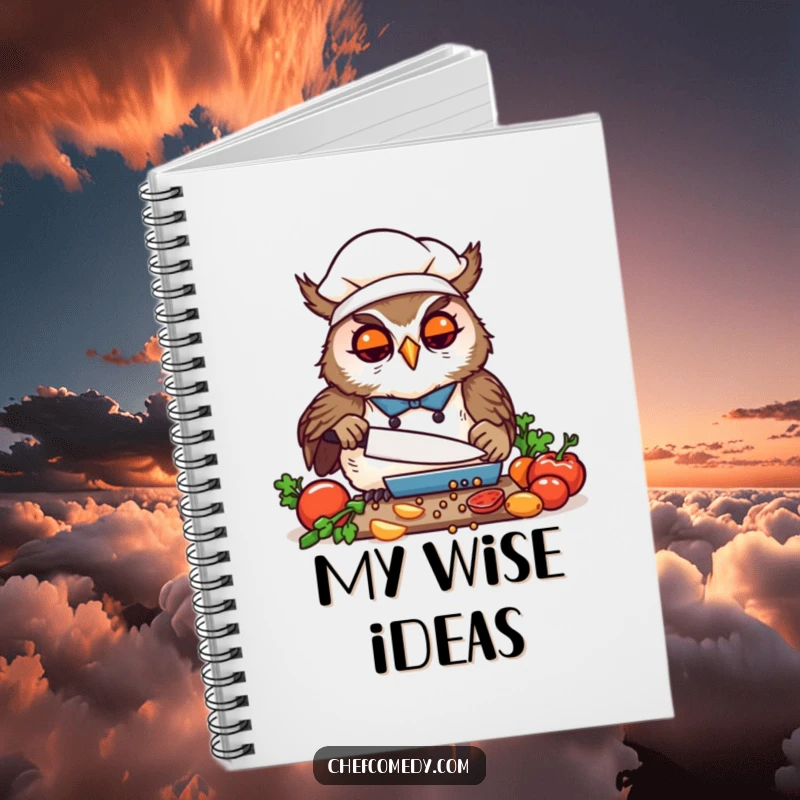 Funny Kawaii Owl Chef Notebook, a cute cartoon owl precisely chopping vegetables, perfect for notes and culinary planning.