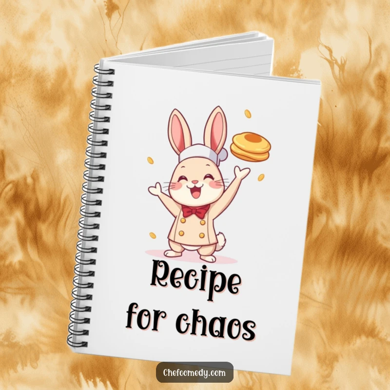 Funny notebook with a cheerful rabbit chef tossing a pancake, perfect for journaling recipes, meal plans, or daily notes.