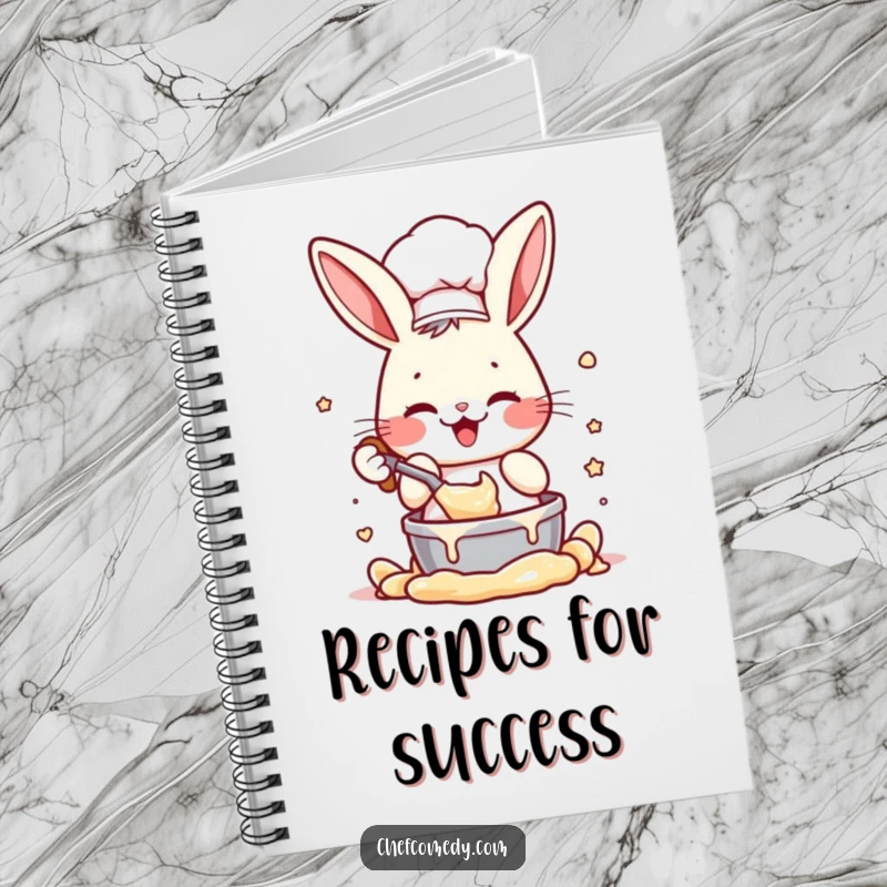Funny notebook with an energetic rabbit chef character enthusiastically mixing batter, perfect for jotting down recipes with a humorous flair.