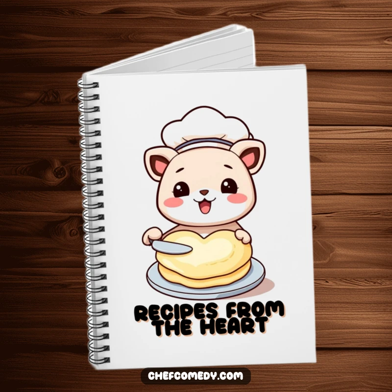 Funny kawaii animal notebook, dressed as a chef, happily flipping a heart-shaped pancake, ready for notes and recipes.